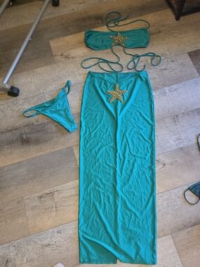 Fashion Nova Teal Starfish Embellished Bikini Set with Sarong